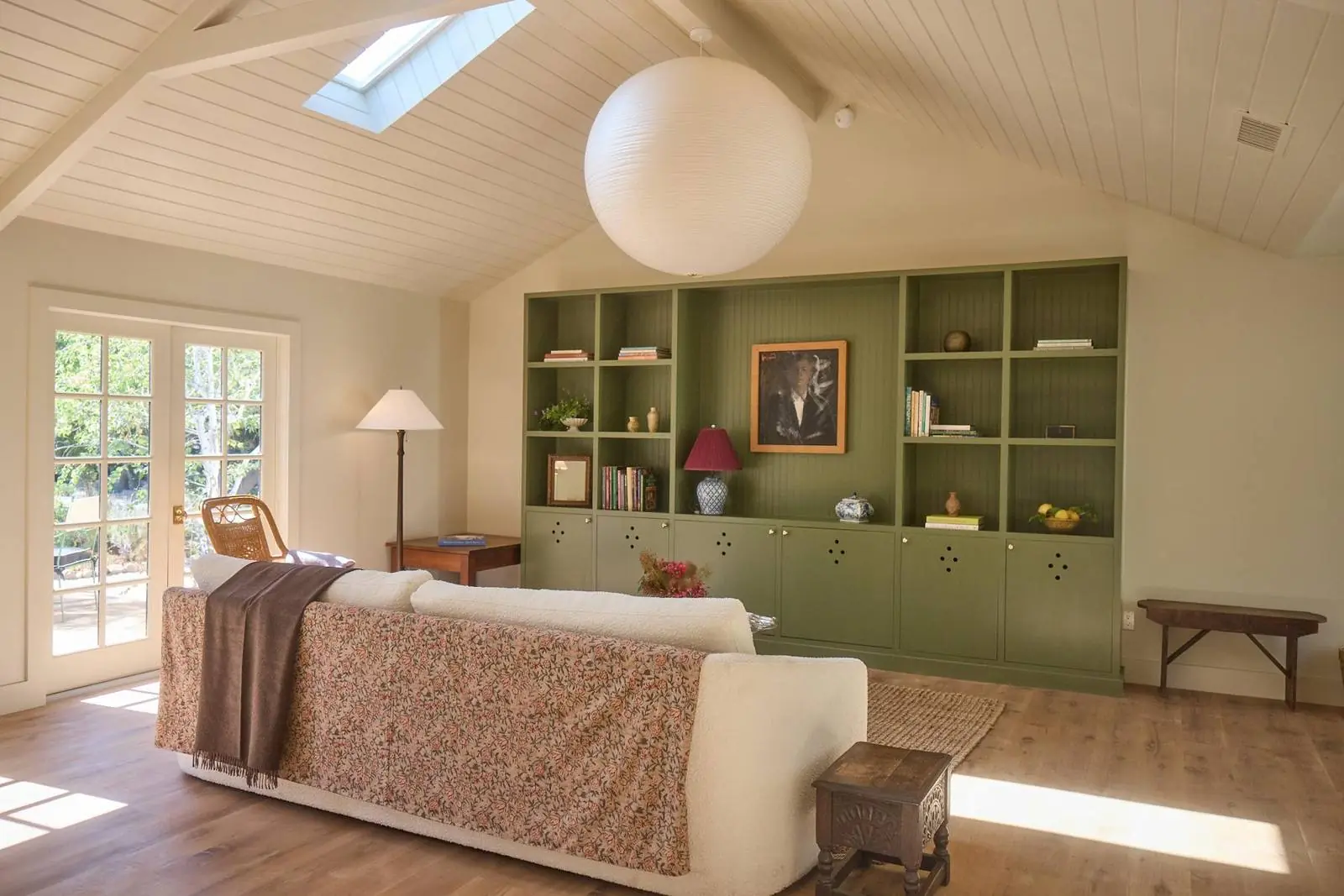 Green built-in shelving in the great room, Ojai Gridley