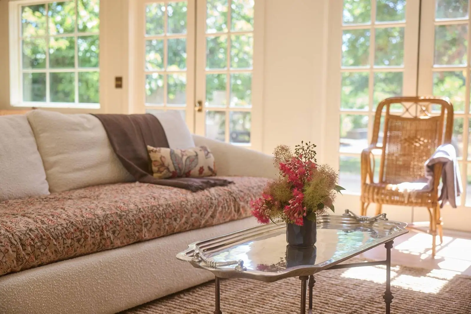 Living room with French doors and morning light, Ojai Gridley