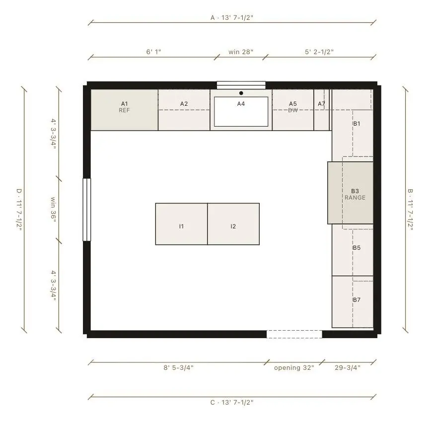 A dimensioned floor plan from Space: a kitchen with an island, sink under the window and a range on the side wall