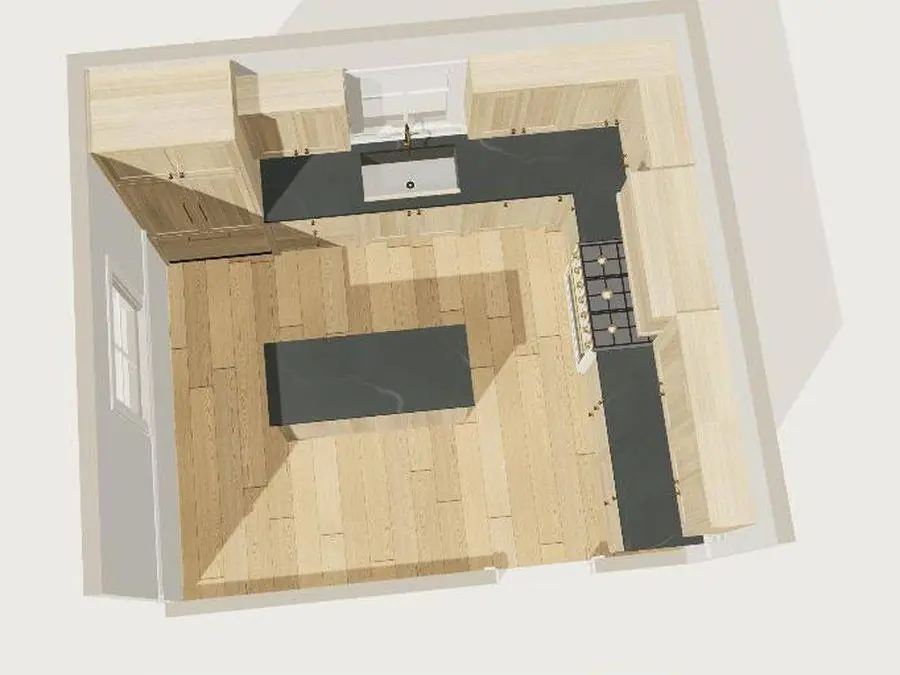The kitchen from above in Space, showing the layout of cabinets, island and range