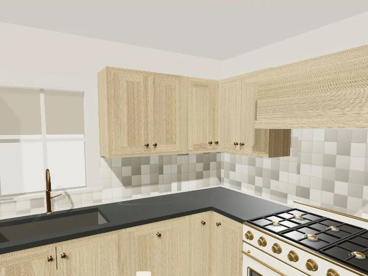 Walking through the kitchen in Space: oak shaker cabinets, a brass faucet under the window and a range with brass knobs